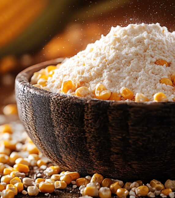Bowl of cornflour with fresh corn cobs, rustic and homely, soft light, closeup shot, wooden table background