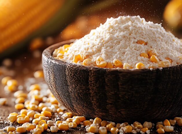 Bowl of cornflour with fresh corn cobs, rustic and homely, soft light, closeup shot, wooden table background
