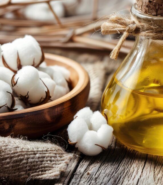 Natural Cotton and Cottonseed Oil on Wooden Table