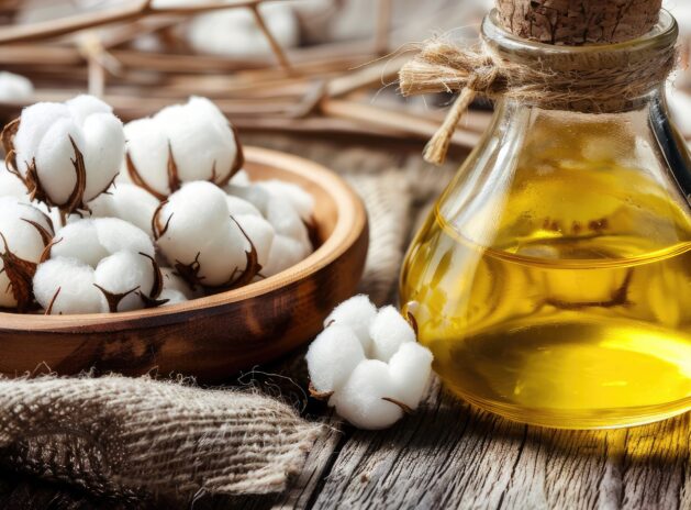 Natural Cotton and Cottonseed Oil on Wooden Table