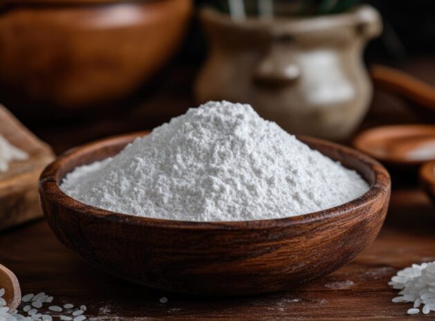 Closeup of various salts, sugars and seasonings on a wooden table. Selection includes brown sugar, white salt, and other baking ingredients.