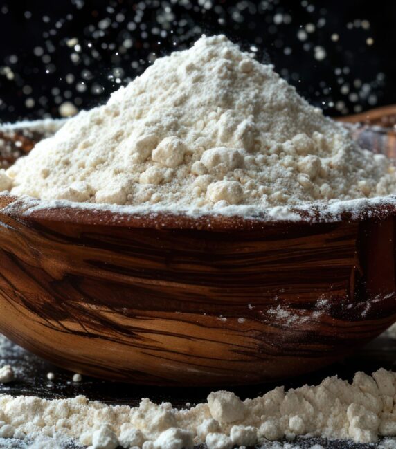 Wooden Bowl Filled with Flour and Surrounded by Spoons