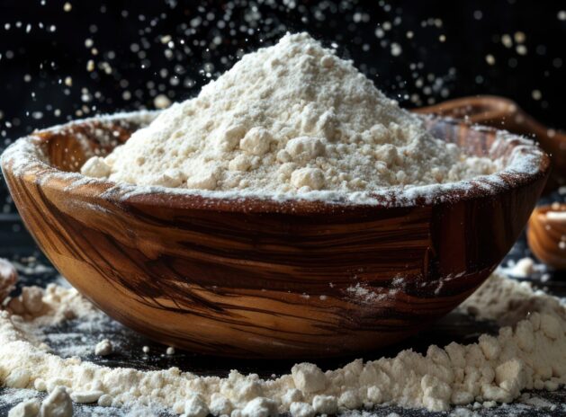 Wooden Bowl Filled with Flour and Surrounded by Spoons